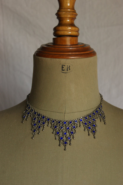 Antique Berber Silver & Blue Enamel Handcrafted Necklace