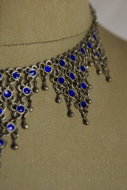 Antique Berber Silver & Blue Enamel Handcrafted Necklace