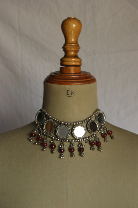 Antique Indian Multi-Wear Silver Choker with Mirror Work & Carnelian Beads