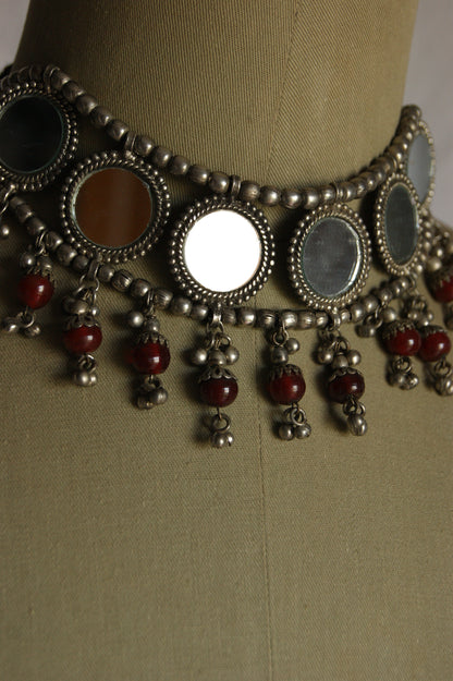 Antique Indian Multi-Wear Silver Choker with Mirror Work & Carnelian Beads
