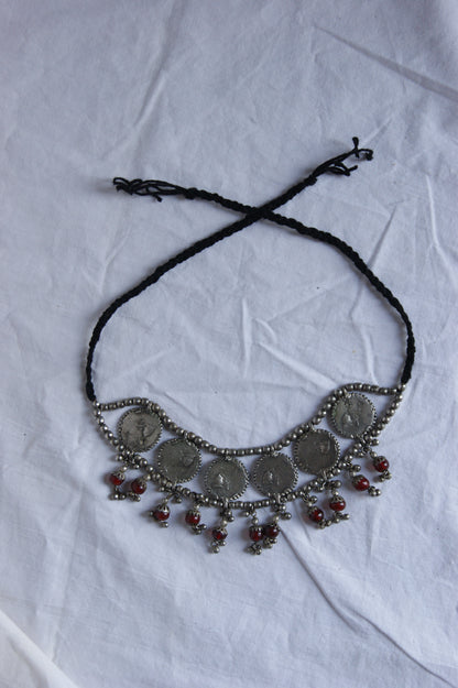Antique Indian Multi-Wear Silver Choker with Mirror Work & Carnelian Beads
