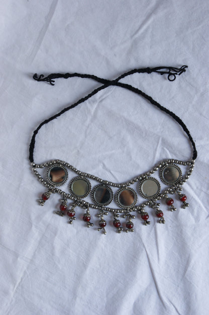 Antique Indian Multi-Wear Silver Choker with Mirror Work & Carnelian Beads