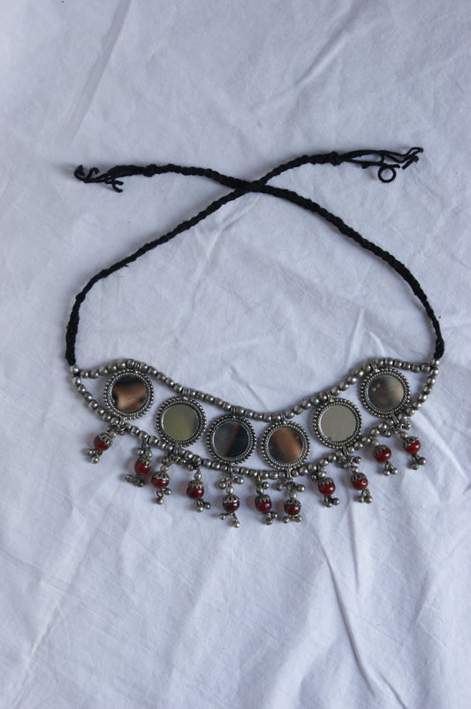 Antique Indian Multi-Wear Silver Choker with Mirror Work & Carnelian Beads