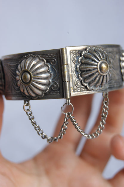 Antique Persian Traditional Silver-Plated Hinged Cuff Bracelet