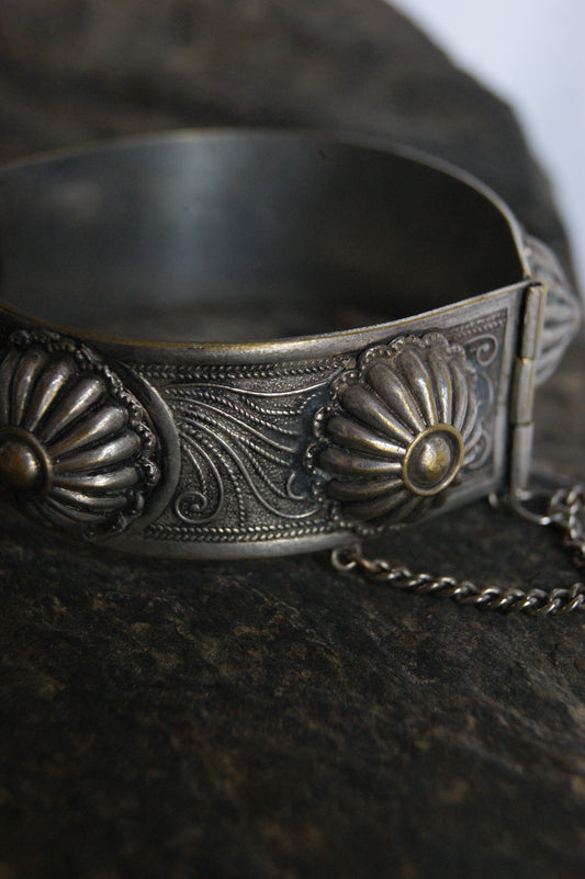 Antique Persian Traditional Silver-Plated Hinged Cuff Bracelet