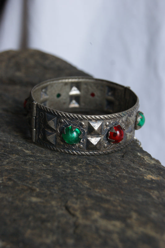 Antique Persian Silver Traditional Hinged Bangle with Glass Jewels