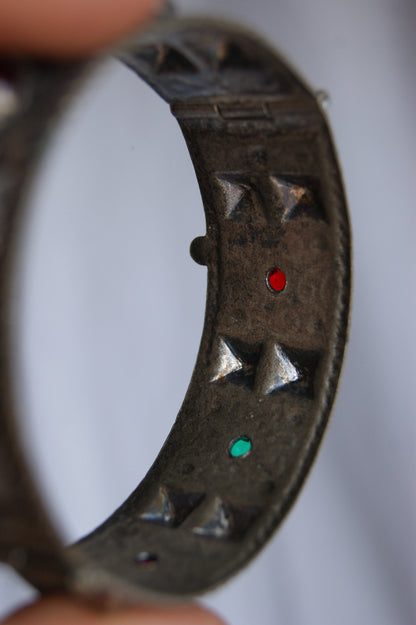 Antique Persian Silver Traditional Hinged Bangle with Glass Jewels