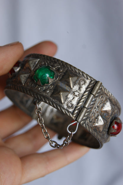 Antique Persian Silver Traditional Hinged Bangle with Glass Jewels