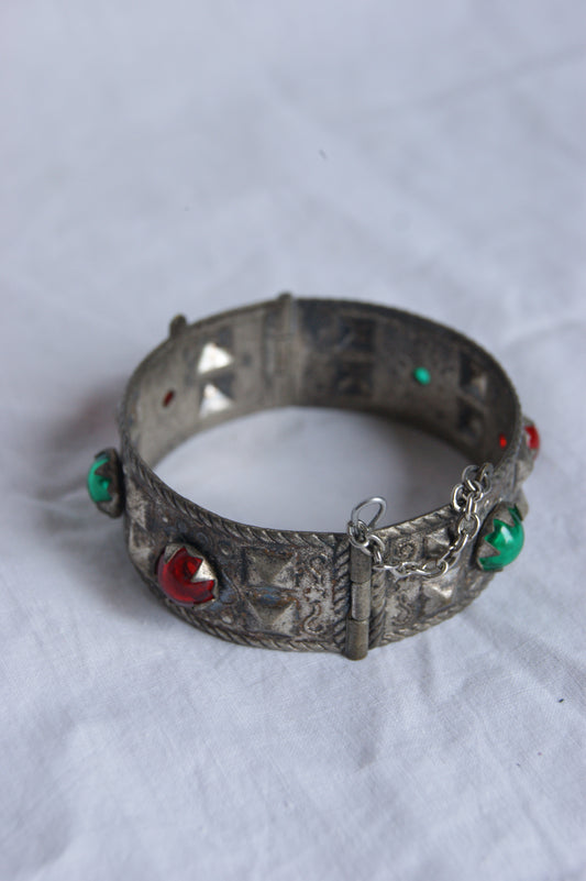 Antique Persian Silver Traditional Hinged Bangle with Glass Jewels