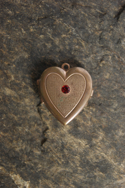 Antique Brass Heart Photo Locket with Ruby Glass Center