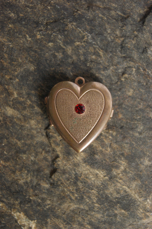 Antique Brass Heart Photo Locket with Ruby Glass Center