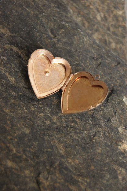 Antique Brass Heart Photo Locket with Ruby Glass Center