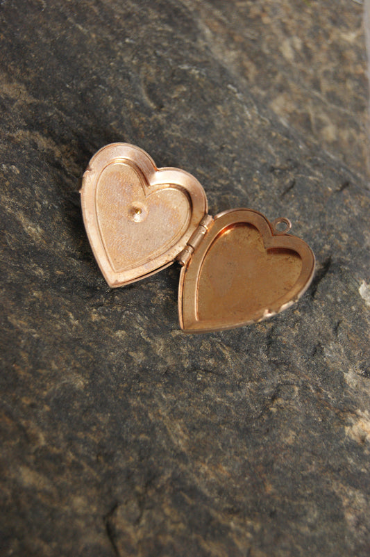 Antique Brass Heart Photo Locket with Ruby Glass Center