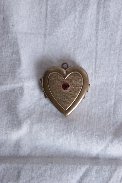 Antique Brass Heart Photo Locket with Ruby Glass Center