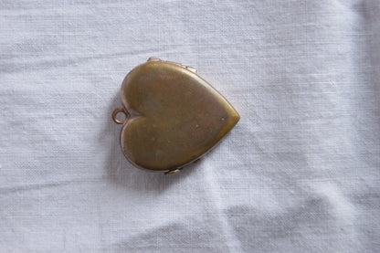 Antique Brass Heart Photo Locket with Ruby Glass Center