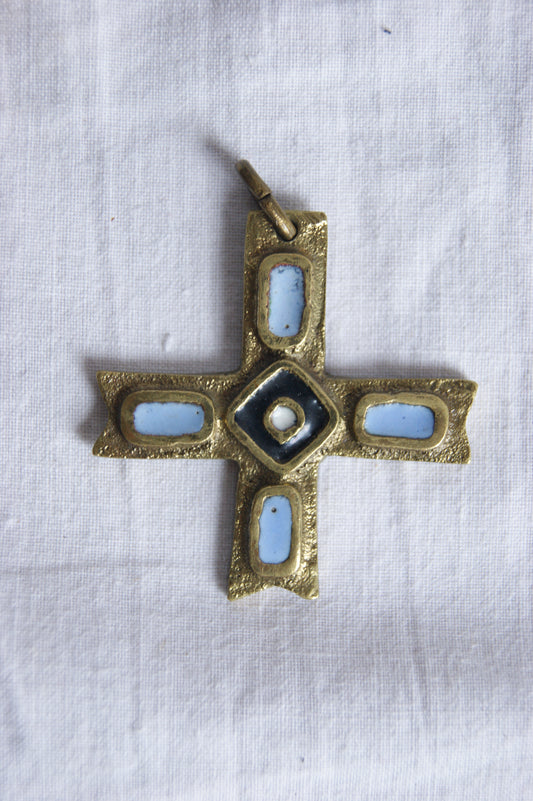 1970s Sacred Handcrafted Enameled Amulet Cross Pendant