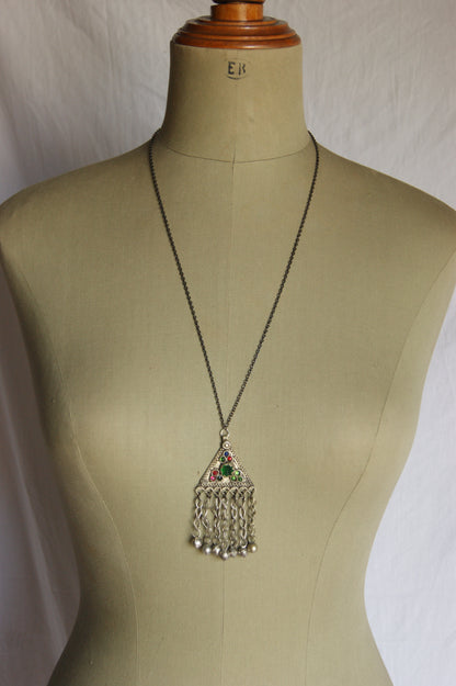 Antique Afghan Silver Triangular Pendant Necklace with Glass Cabochons