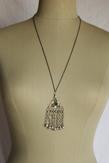 Antique Afghan Silver Triangular Pendant Necklace with Glass Cabochons