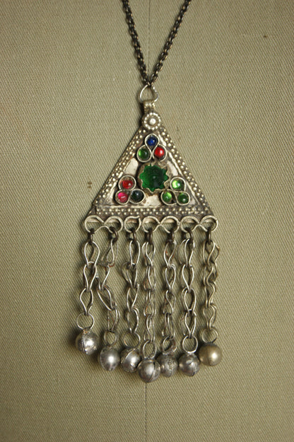 Antique Afghan Silver Triangular Pendant Necklace with Glass Cabochons