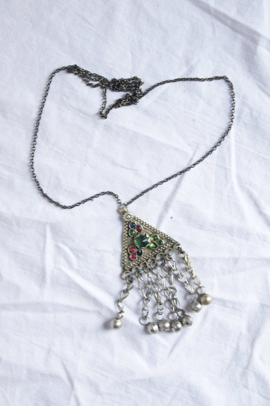 Antique Afghan Silver Triangular Pendant Necklace with Glass Cabochons