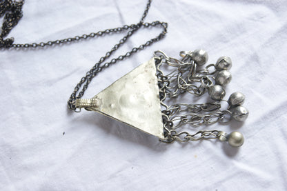 Antique Afghan Silver Triangular Pendant Necklace with Glass Cabochons