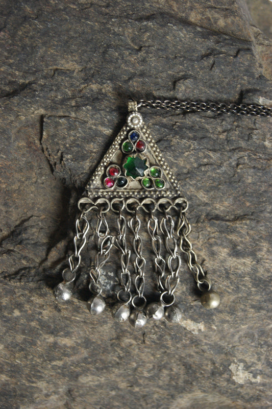 Antique Afghan Silver Triangular Pendant Necklace with Glass Cabochons