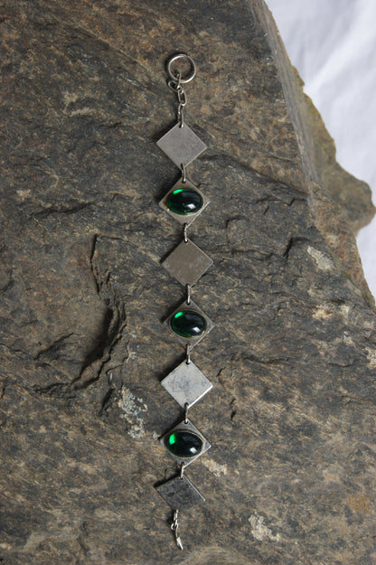 1970s Hand-Crafted Silver & Emerald Green Glass Geometric Bracelet