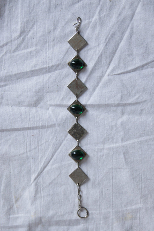 1970s Hand-Crafted Silver & Emerald Green Glass Geometric Bracelet