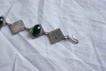 1970s Hand-Crafted Silver & Emerald Green Glass Geometric Bracelet