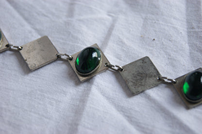 1970s Hand-Crafted Silver & Emerald Green Glass Geometric Bracelet