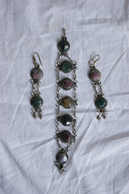 1970s Indian Silver & Multi-Stone Harmony Bracelet & Earrings Set