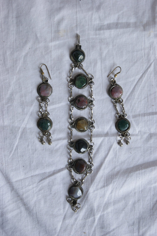 1970s Indian Silver & Multi-Stone Harmony Bracelet & Earrings Set