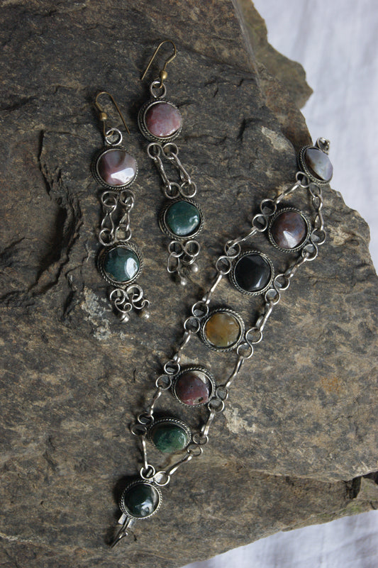 1970s Indian Silver & Multi-Stone Harmony Bracelet & Earrings Set