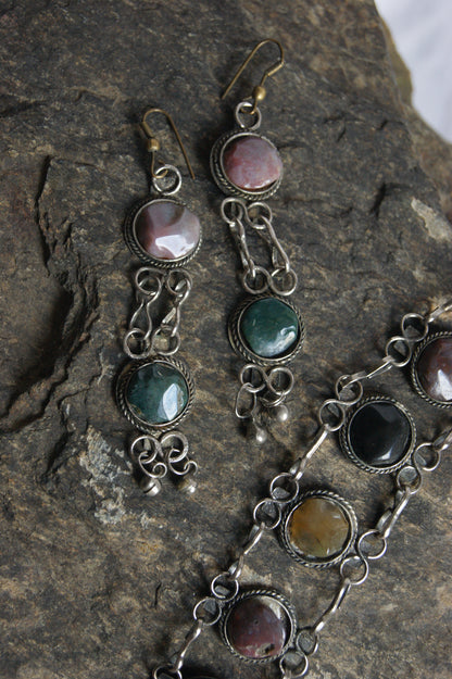 1970s Indian Silver & Multi-Stone Harmony Bracelet & Earrings Set