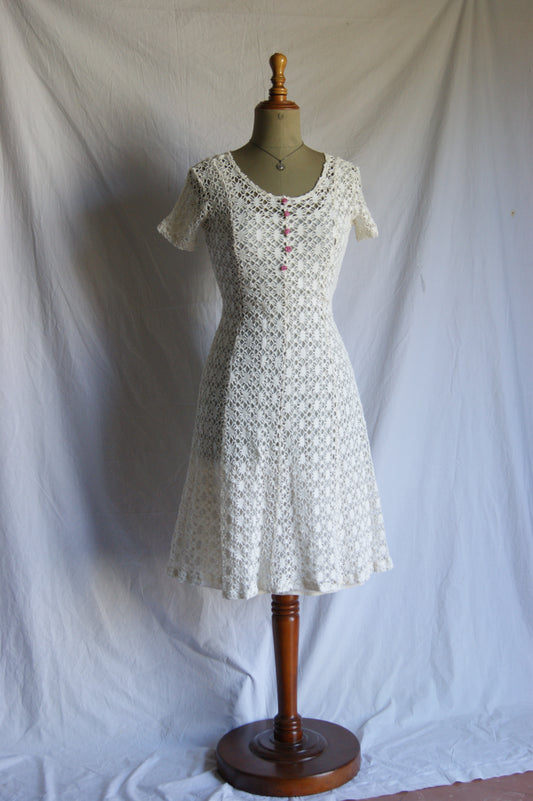 1970s Cotton Lace Dress with Waist Tie - S/M