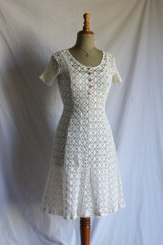 1970s Cotton Lace Dress with Waist Tie - S/M