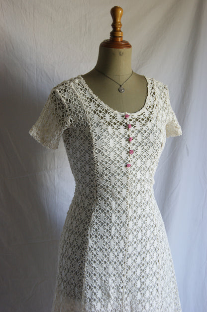 1970s Cotton Lace Dress with Waist Tie - S/M