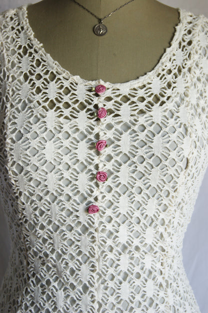 1970s Cotton Lace Dress with Waist Tie - S/M